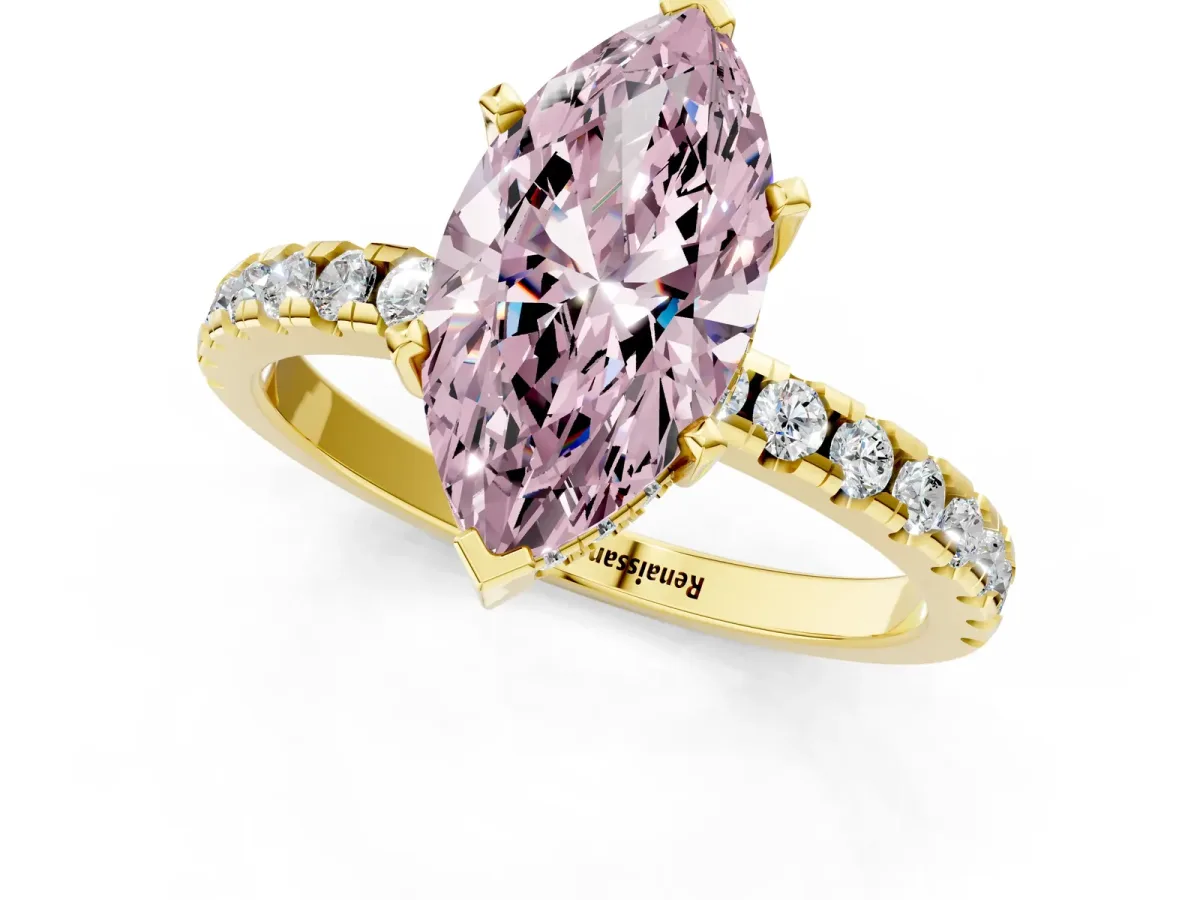 Fancy Pink Marquise Cut Diamond Solitaire Ring with Round Pavé Band and Four-Prong Setting Yellow gold