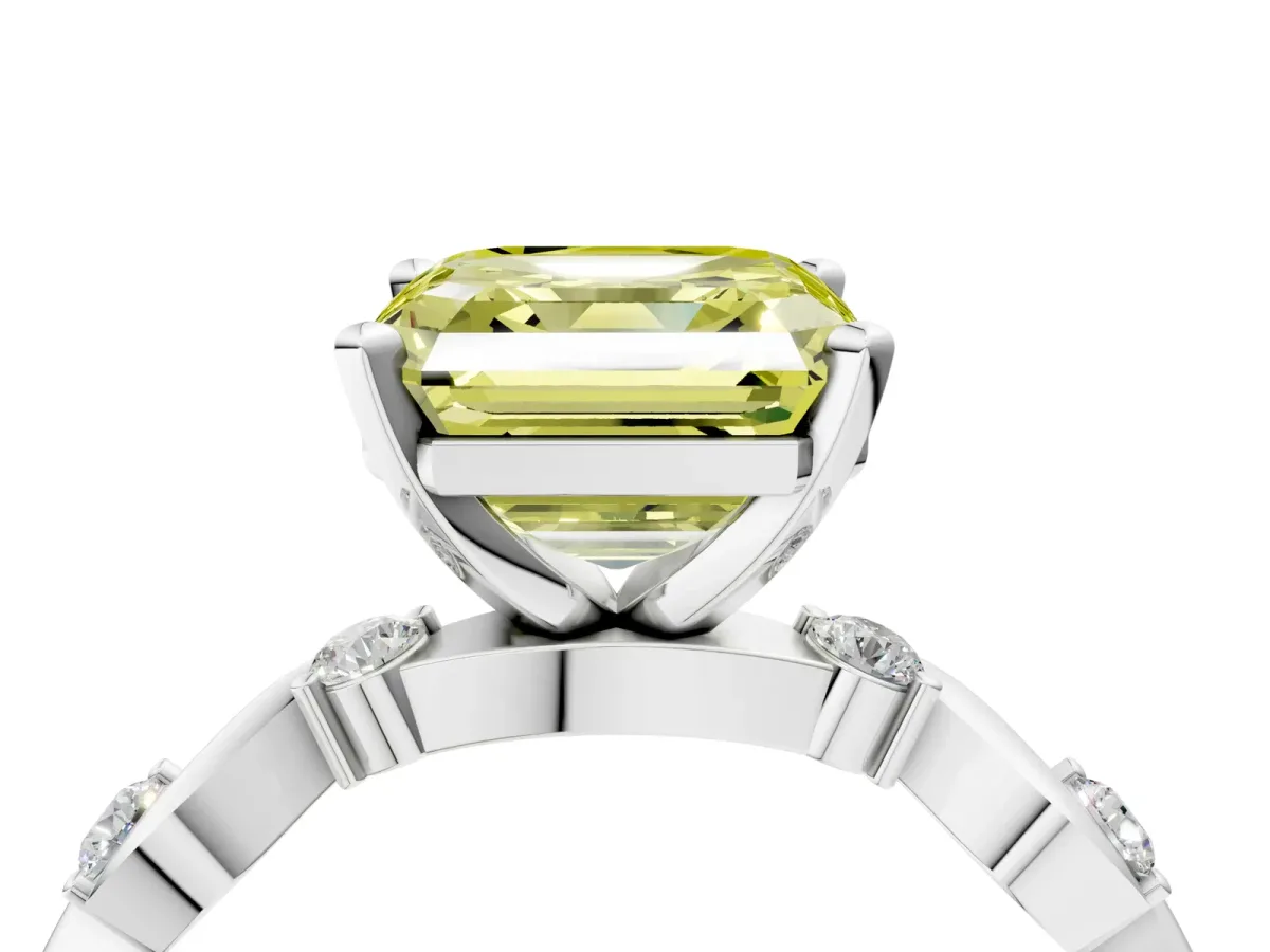 Fancy Yellow Asscher Cut Diamond Solitaire Twisted Band with Round Accents and Prong Setting White gold