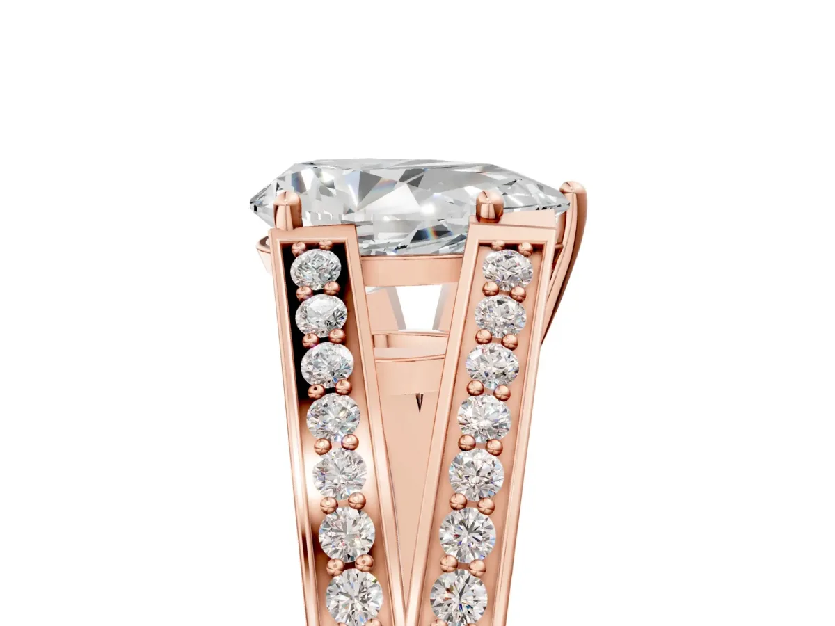 Pear Cut Diamond Split Shank Ring with Pavé Band and Four-Prong Setting Rose gold