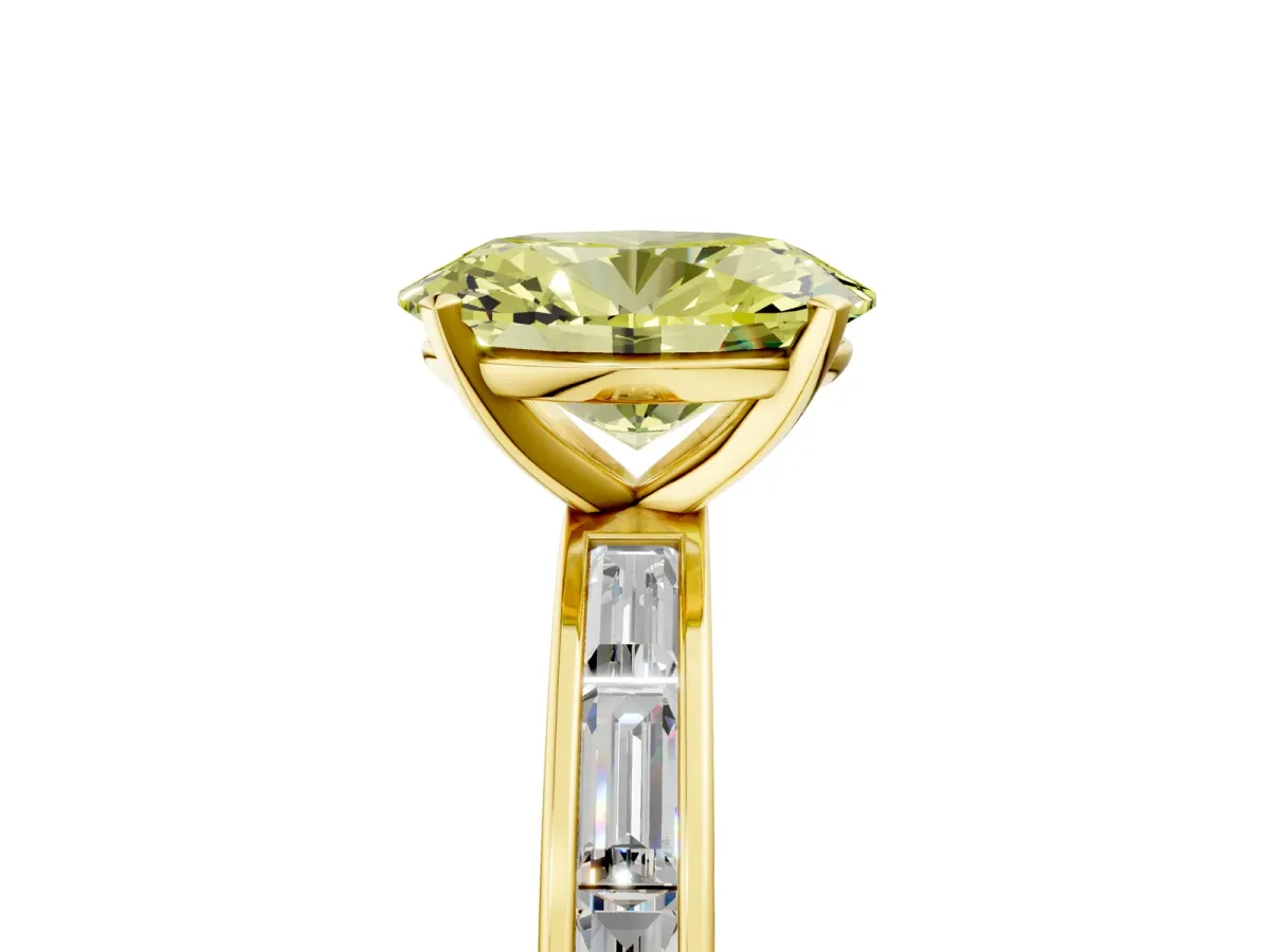 Fancy Yellow Oval Cut Solitaire Diamond Ring with Channel-Set Baguette Band and Four-Prong Setting Yellow gold