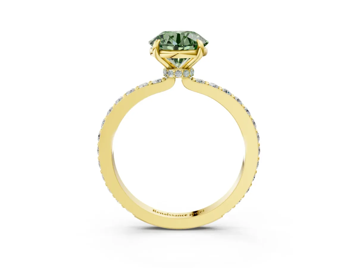 Fancy Green Round Cut Diamond Solitaire Engagement Ring with Pavé Band and Four-Prong Setting Yellow gold