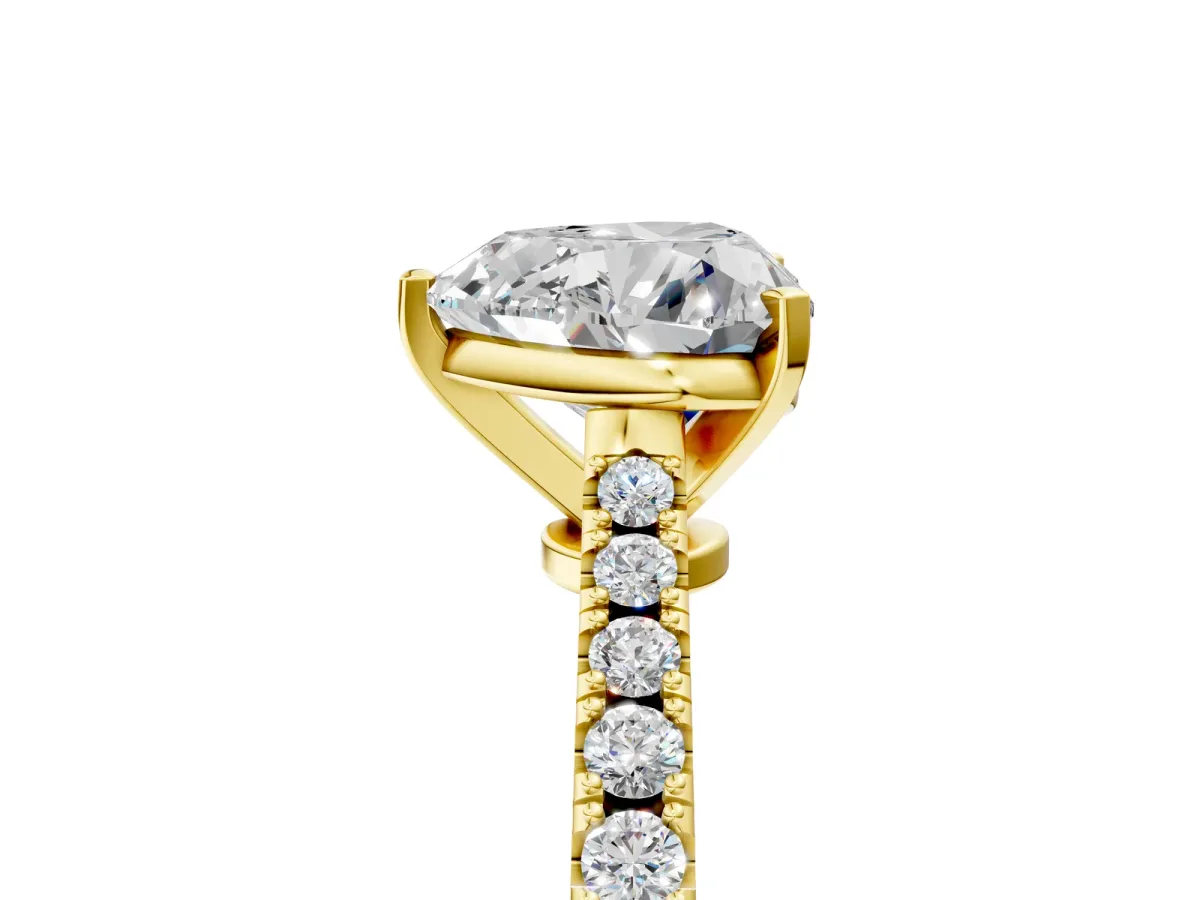 Heart Cut Cut Solitaire Diamond Engagement Ring with Pave Band and Four-Prong Setting Yellow gold