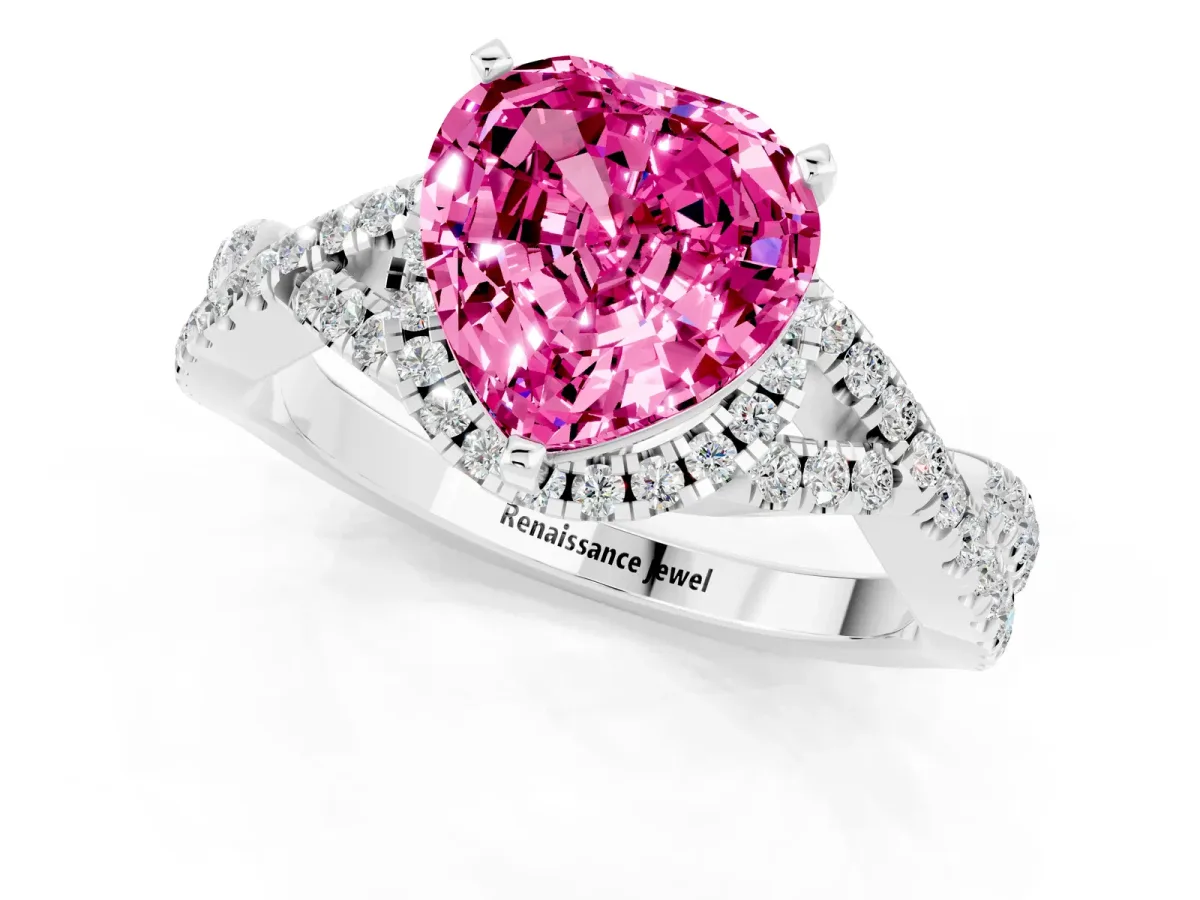Heart Cut Pink Sapphire Halo Twist Band Solitaire Prong Setting Ring White gold
