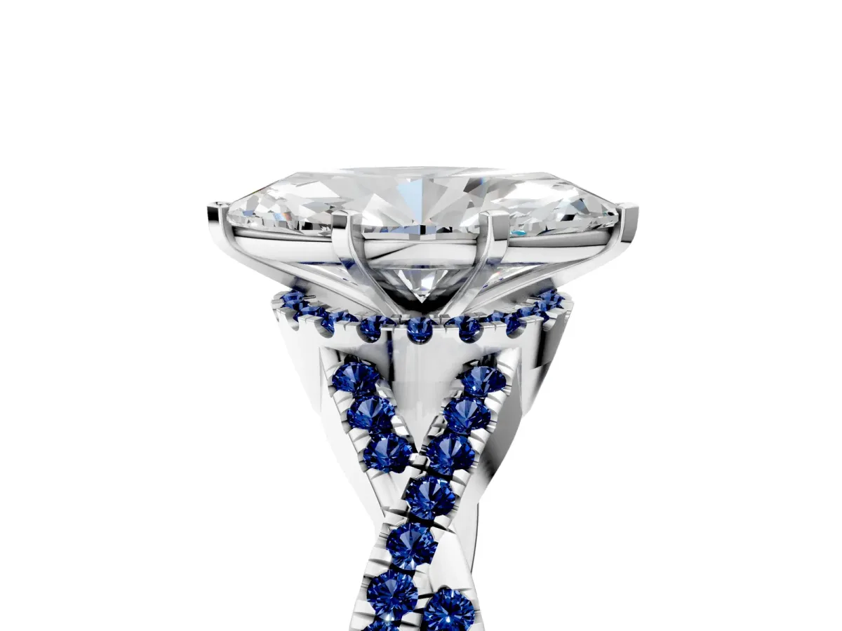 Heart Cut Diamond Blue Sapphire Halo Twist Band Solitaire Prong Setting Ring White gold