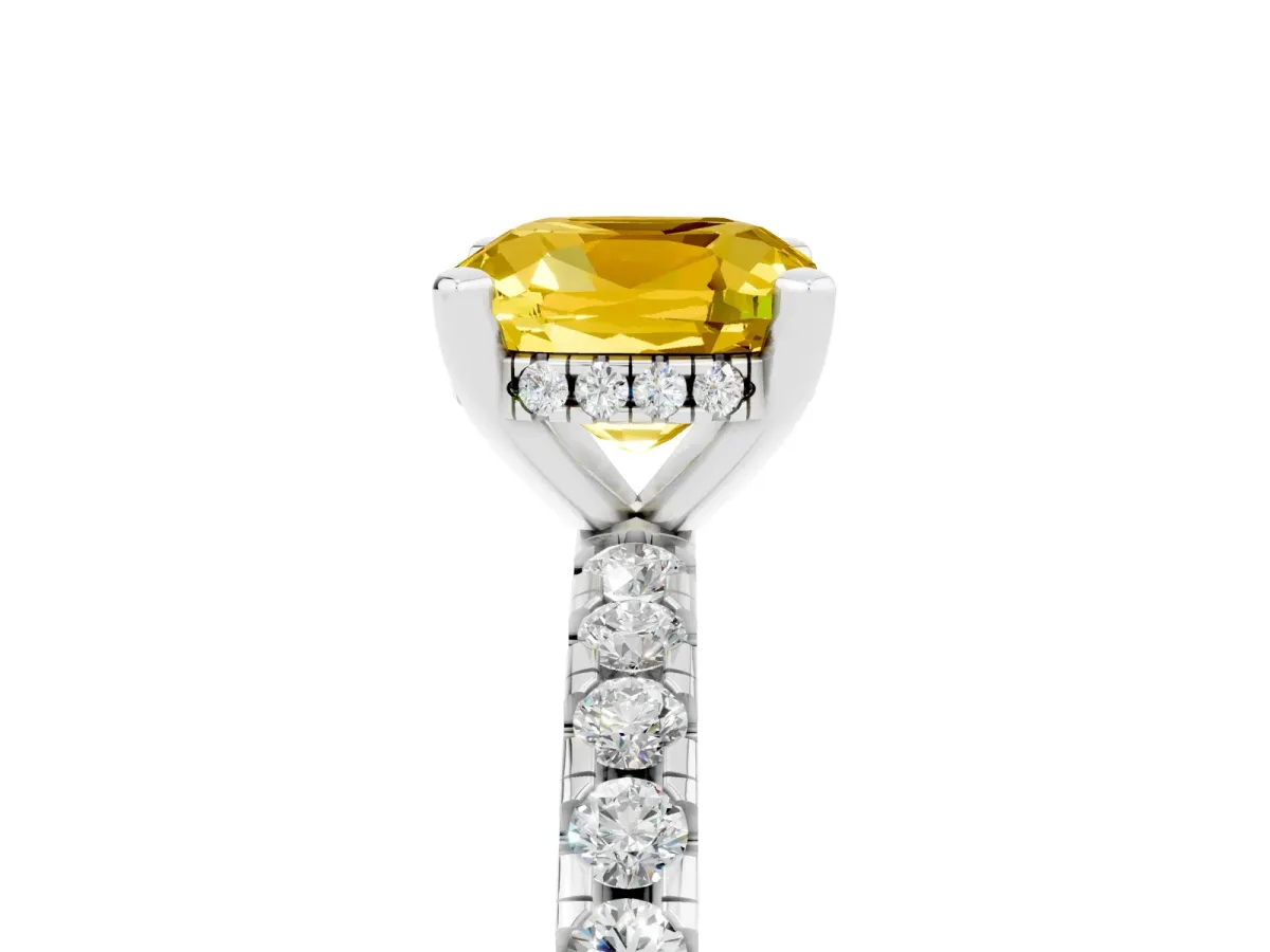 Cushion Cut Yellow Sapphire Solitaire Ring with Round Pavé Band and Four-Prong Setting White gold