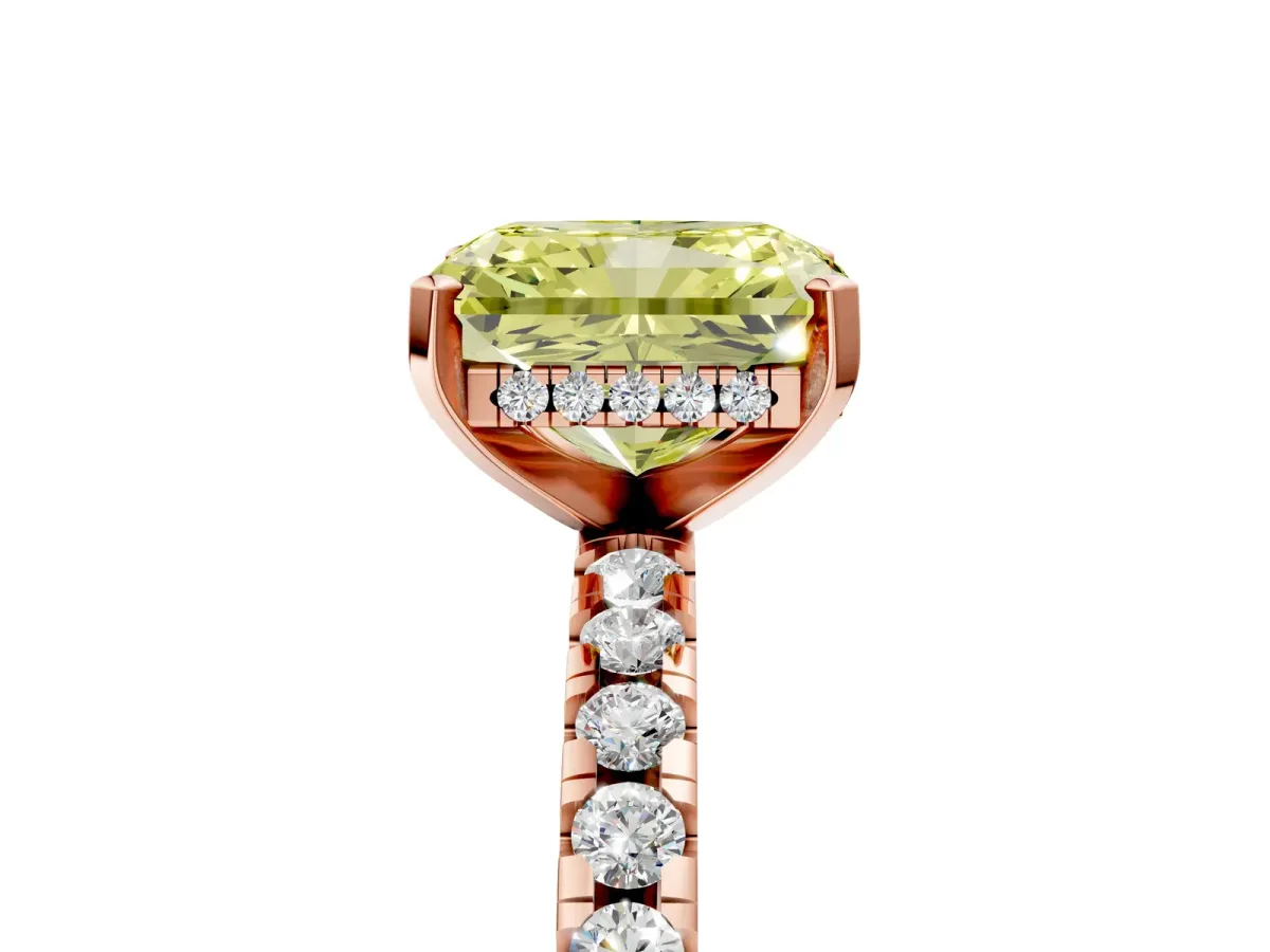 Fancy Yellow Radiant Cut Diamond Solitaire Ring with Round Pavé Band and Four-Prong Setting Rose gold