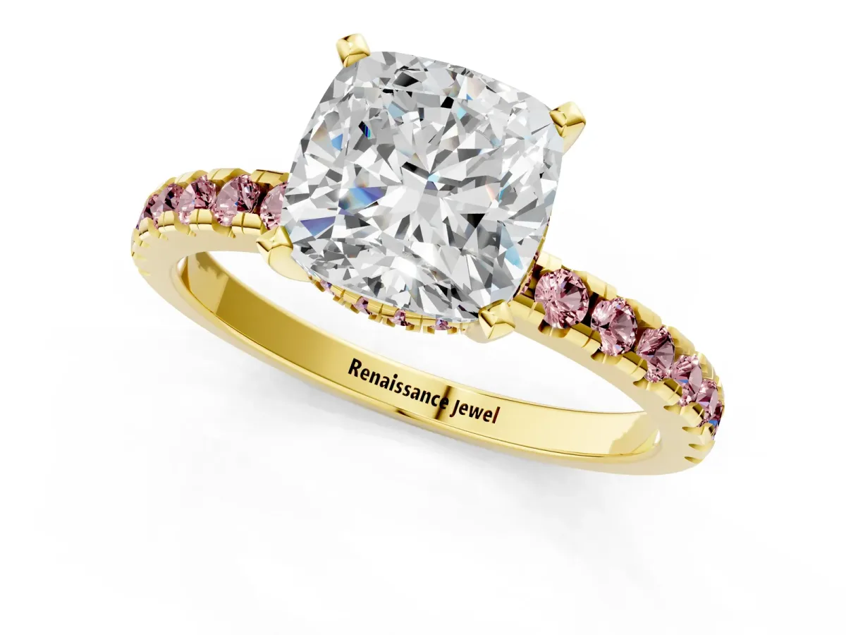 Cushion Cut Diamond Solitaire Ring with Round Morganite Pavé Band and Four-Prong Setting Yellow gold