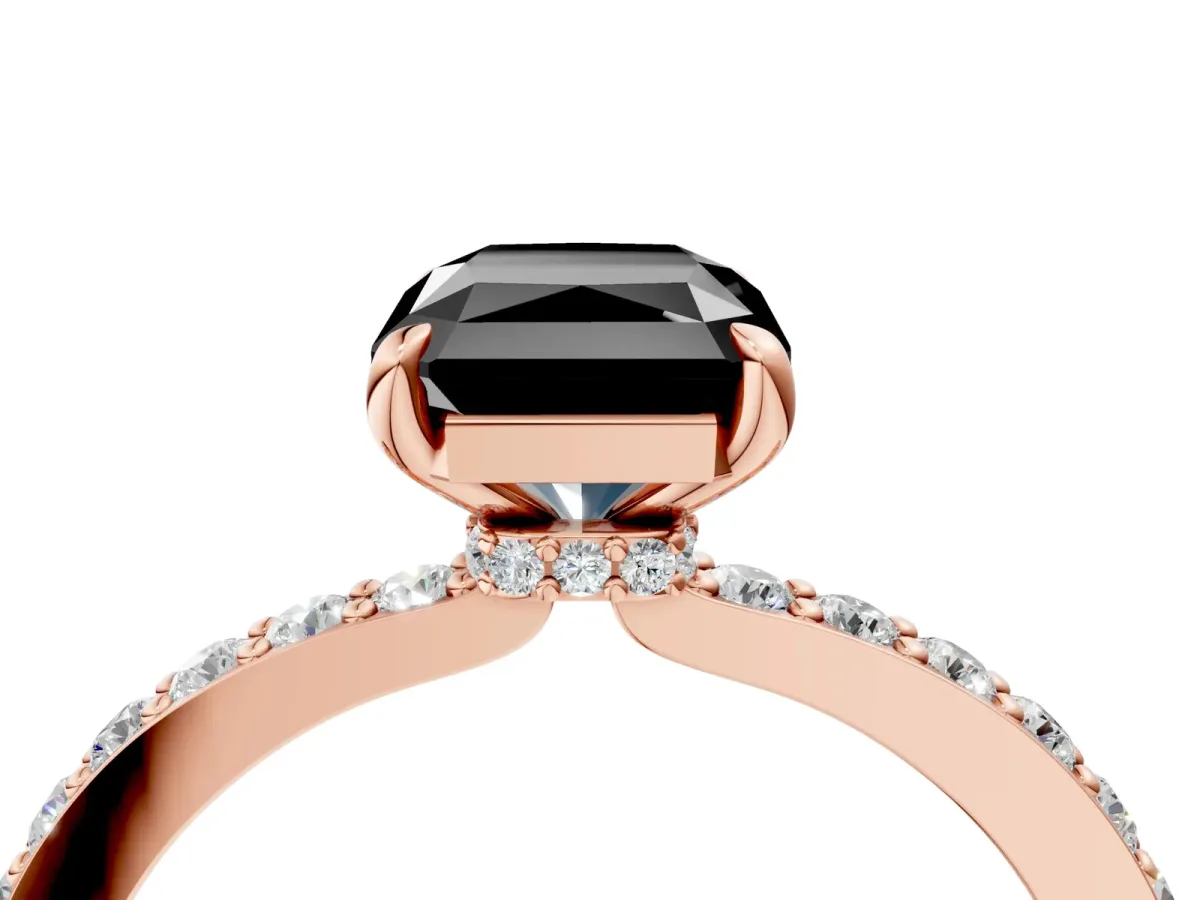 Fancy Black Radiant Cut Diamond Solitaire Engagement Ring with Pavé Band and Four-Prong Setting Rose gold