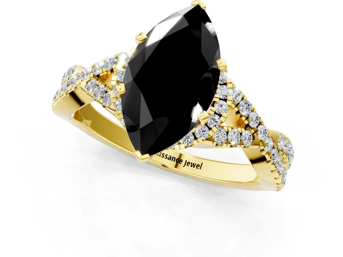 Fancy Black Marquise Cut Diamond Halo Twist Band Solitaire Prong Setting Ring Yellow gold