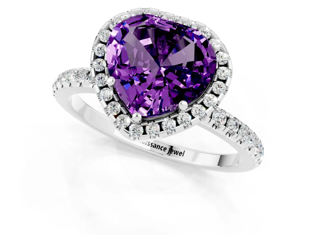 Heart Cut Amethyst Halo Engagement Ring with Round Pavé Band and Prong Setting Platinum