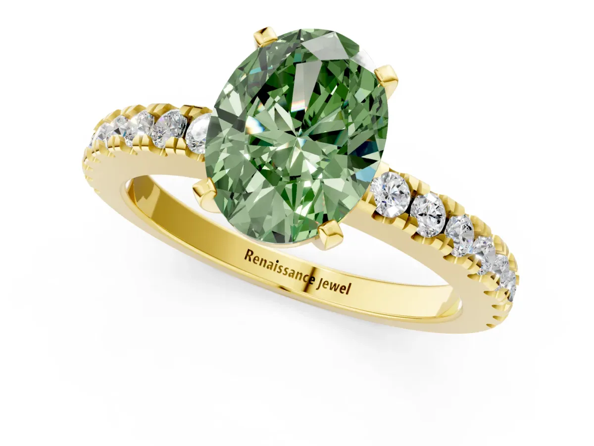 Fancy Green Oval Cut Solitaire Diamond with Pavé Band and Four-Prong Setting Yellow gold