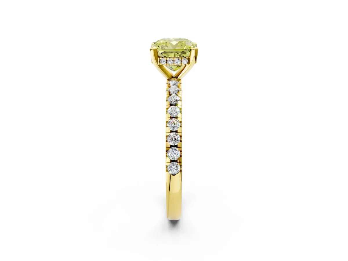 Fancy Yellow Cushion Cut Diamond Solitaire Ring with Round Pavé Band and Four-Prong Setting Yellow gold