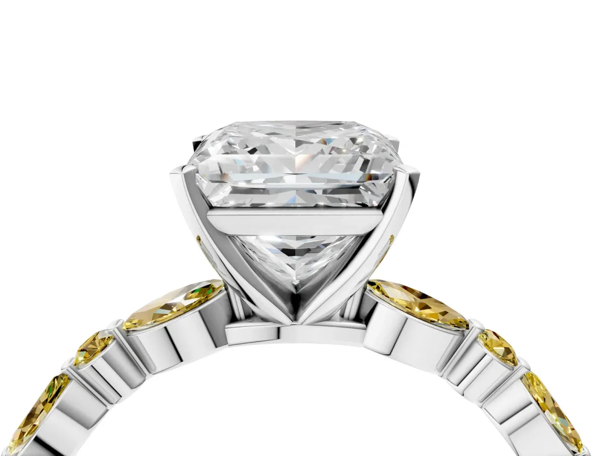 Princess Cut Diamond Ring with Marquise and Round Yellow Sapphire Side Stones and Four-Prong Setting Silver