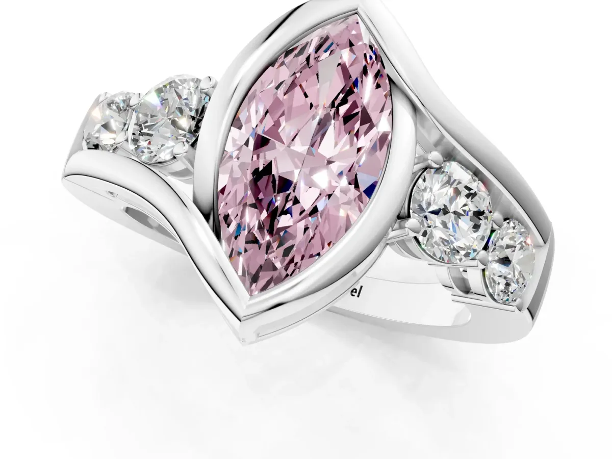 Fancy Pink Bezel Set Marquise Cut Diamond Bypass Ring with Round Accents Platinum