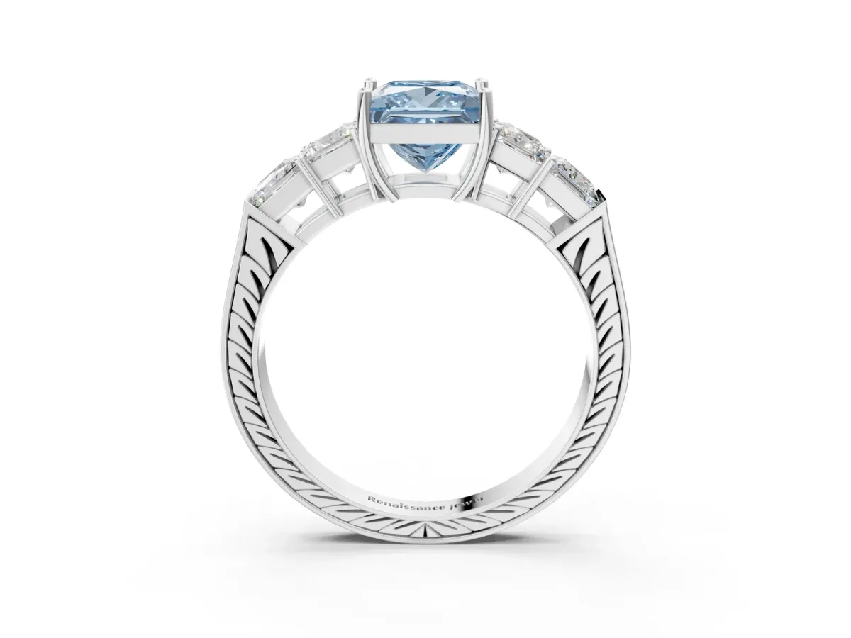 Fancy Blue Princess Cut Solitaire Princess Side Stone Engraved Band Prong Setting Ring Silver