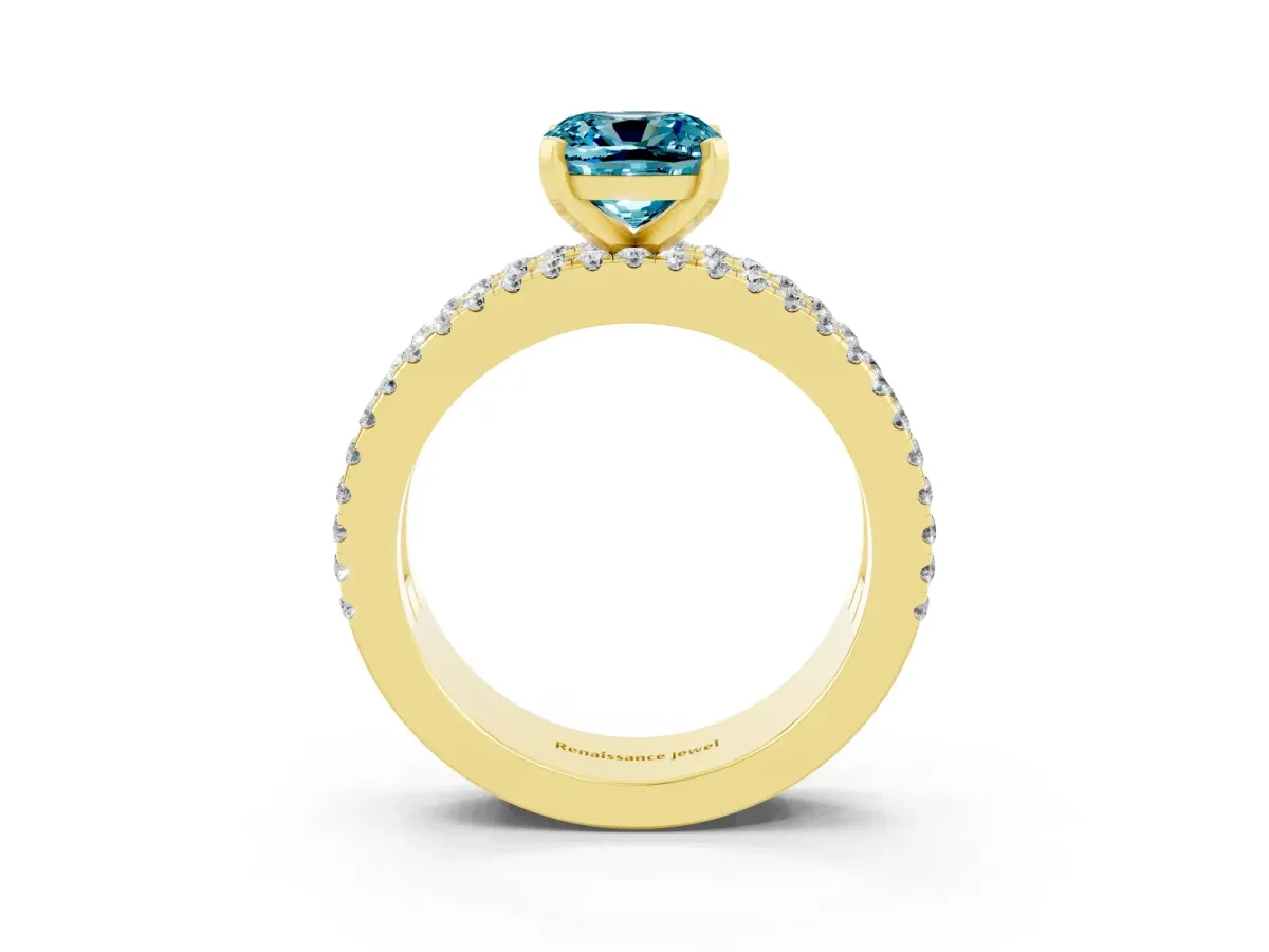 Cushion Cut Blue Topaz Solitaire Ring with Pavé and Channel Set Band Yellow gold