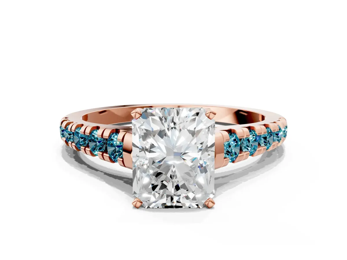 Radiant Cut Diamond Cathedral Solitaire Ring with Round Blue Topaz Pavé Band Rose gold
