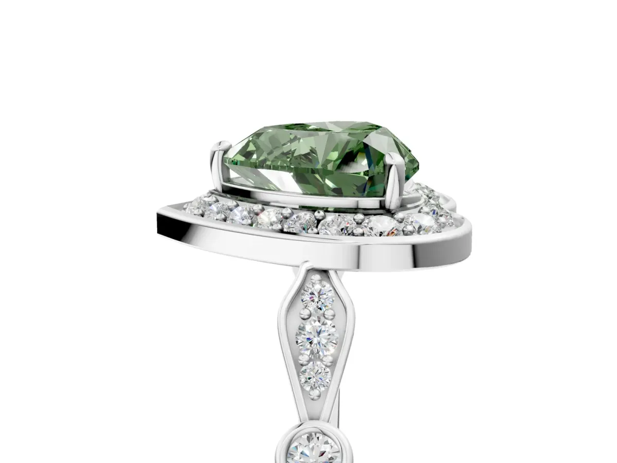 Fancy Green Heart Cut Halo Diamond Engagement Ring with Twisted Band and Four-Prong Setting Platinum