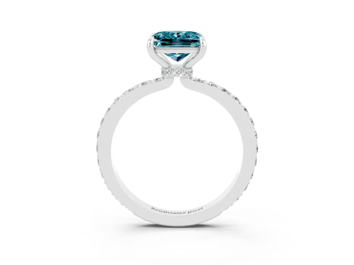 Princess Cut Blue Topaz Solitaire Engagement Ring with Pavé Band and Four-Prong Setting White gold