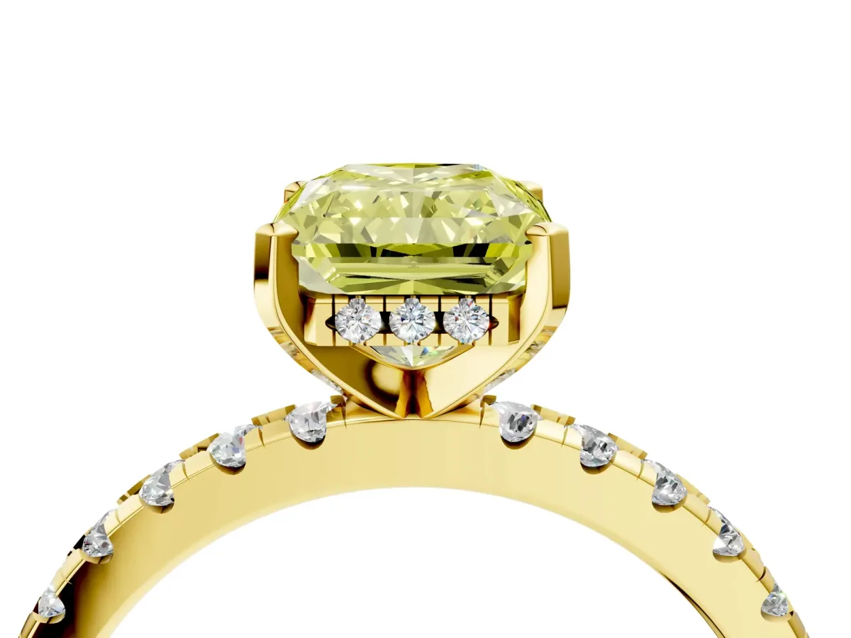 Fancy Yellow Radiant Cut Diamond Solitaire Ring with Round Pavé Band and Four-Prong Setting Yellow gold
