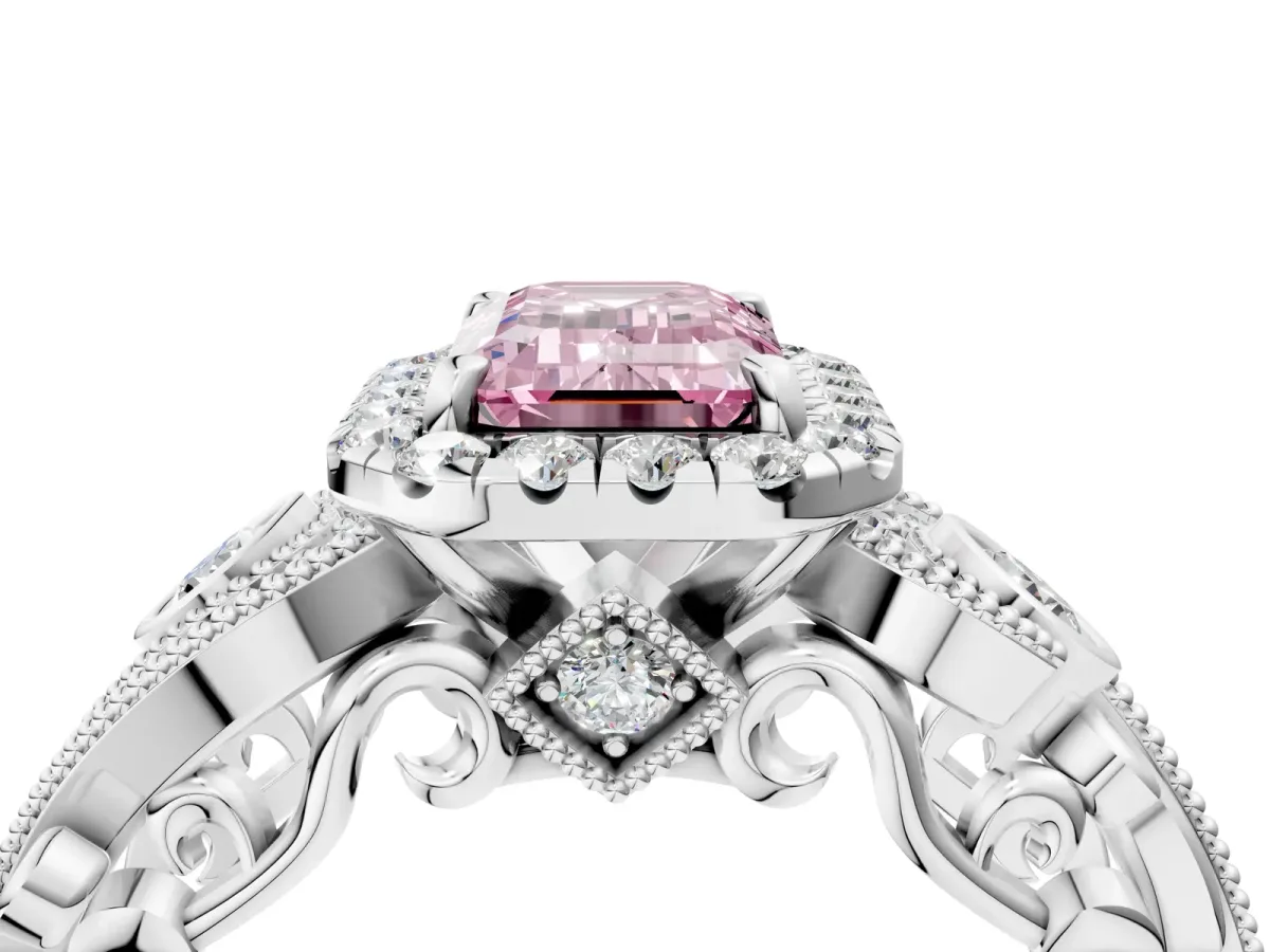 Fancy Pink Emerald Cut Diamond Halo Ring with Milgrain Pavé Band and Four-Prong Setting White gold