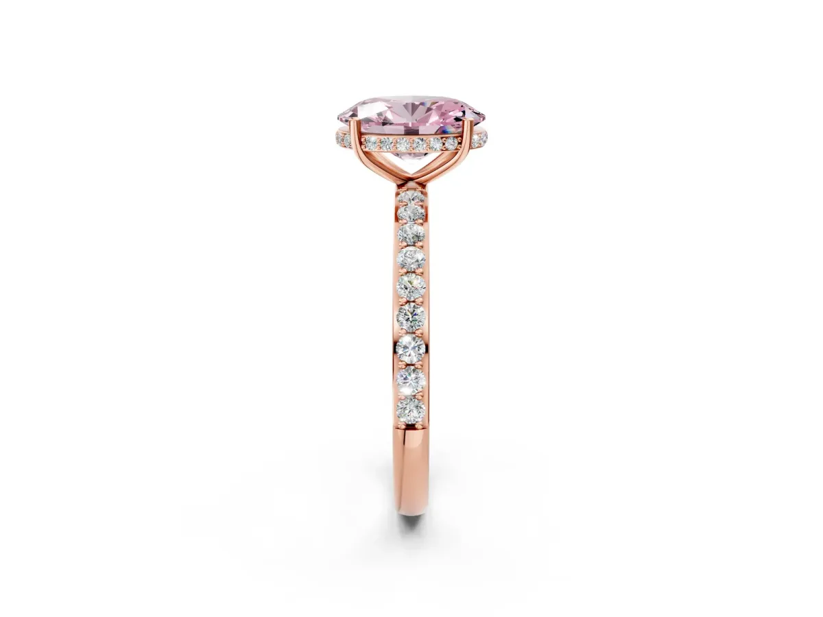 Fancy Pink Oval Cut Diamond Solitaire Ring with Pavé Band and Hidden Halo Rose gold