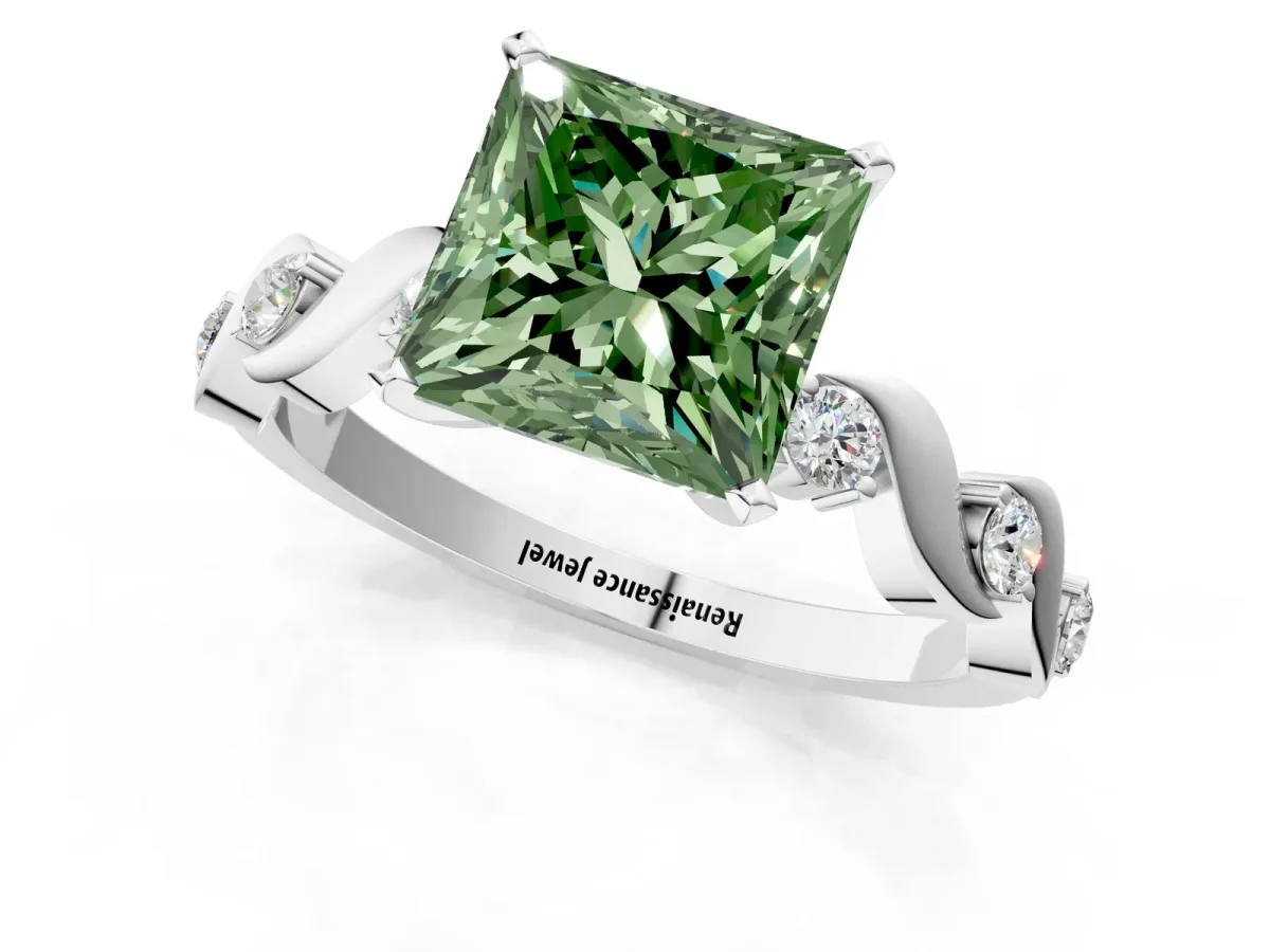 Fancy Green Princess Cut Diamond Solitaire Twisted Band with Round Accents and Prong Setting White gold