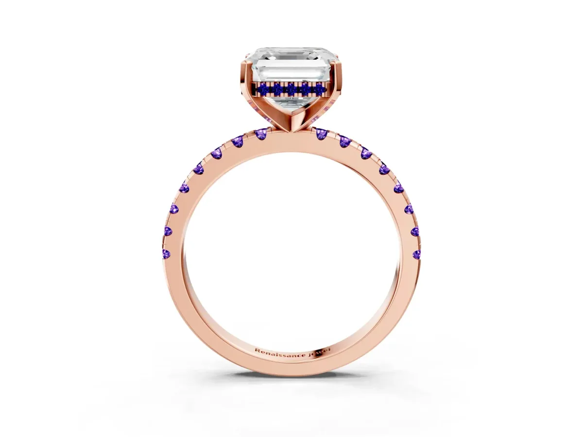 Asscher Cut Diamond Solitaire Ring with Round Tanzanite Pavé Band and Four-Prong Setting Rose gold