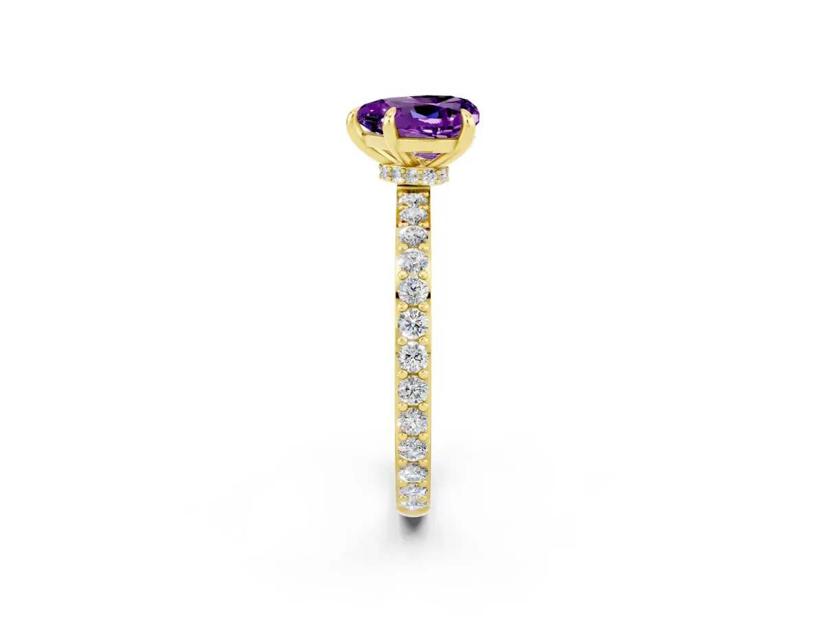 Heart Cut Amethyst Solitaire Engagement Ring with Pavé Band and Four-Prong Setting Yellow gold