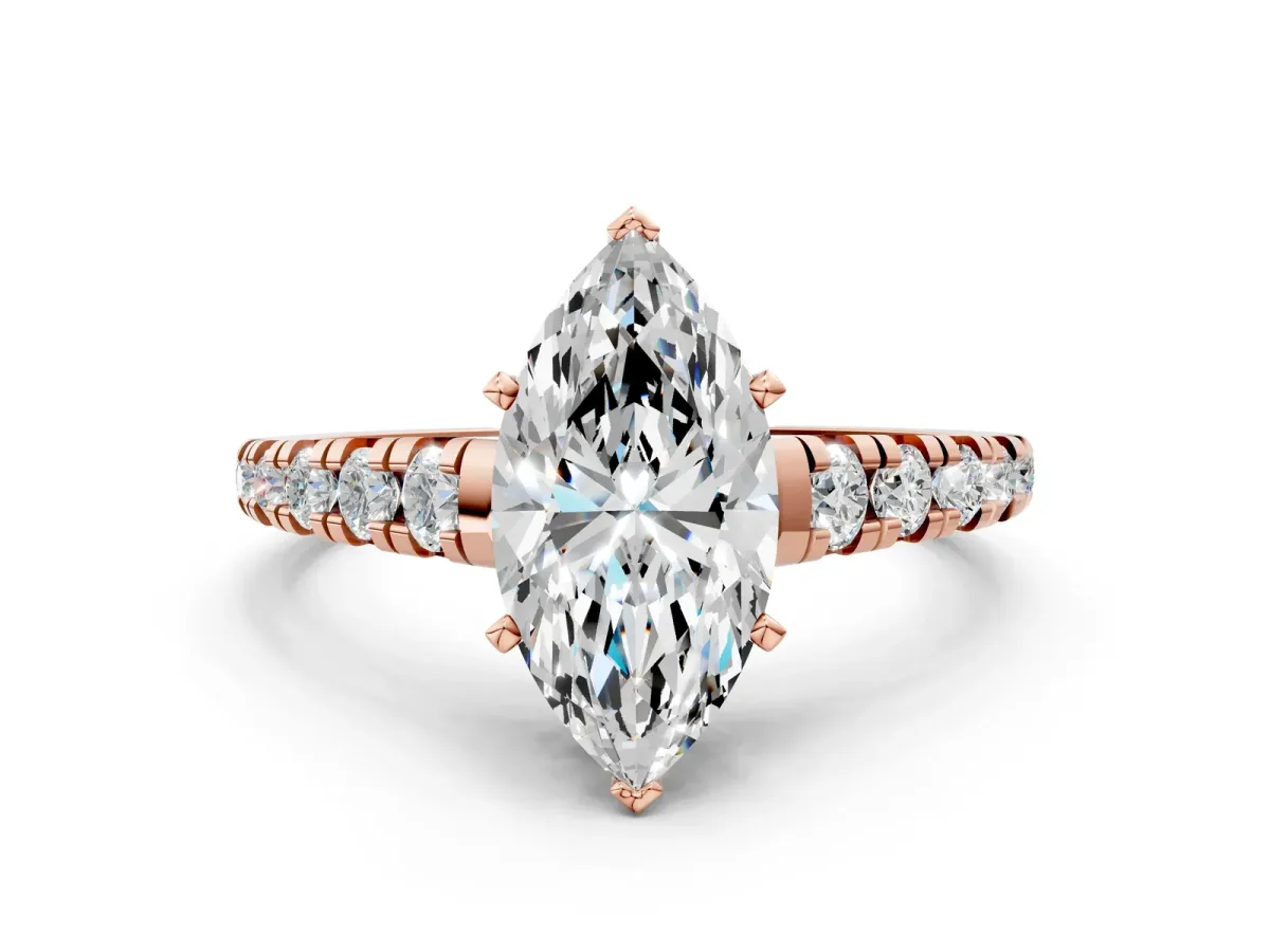 Marquise Cut Diamond Cathedral Solitaire Ring with Round Moissanite Pavé Band Rose gold