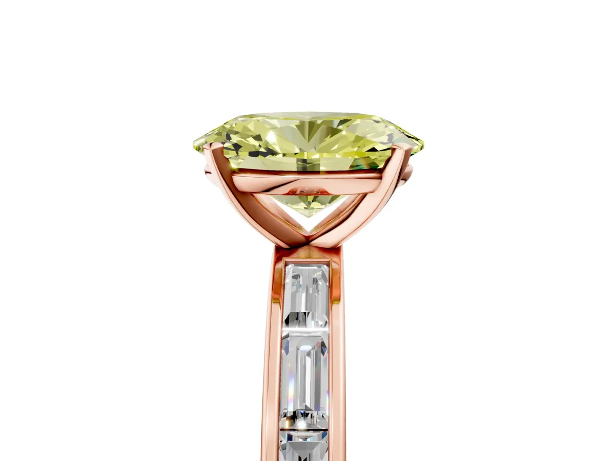 Fancy Yellow Oval Cut Solitaire Diamond Ring with Channel-Set Baguette Band and Four-Prong Setting Rose gold