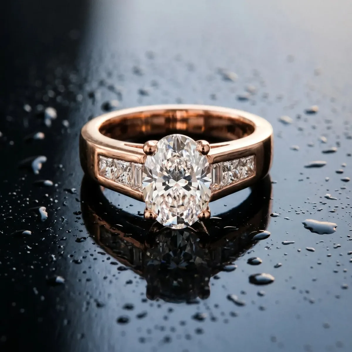 Oval Cut Cut Channel Set Solitaire Ring with Four-Prong Setting Rose gold
