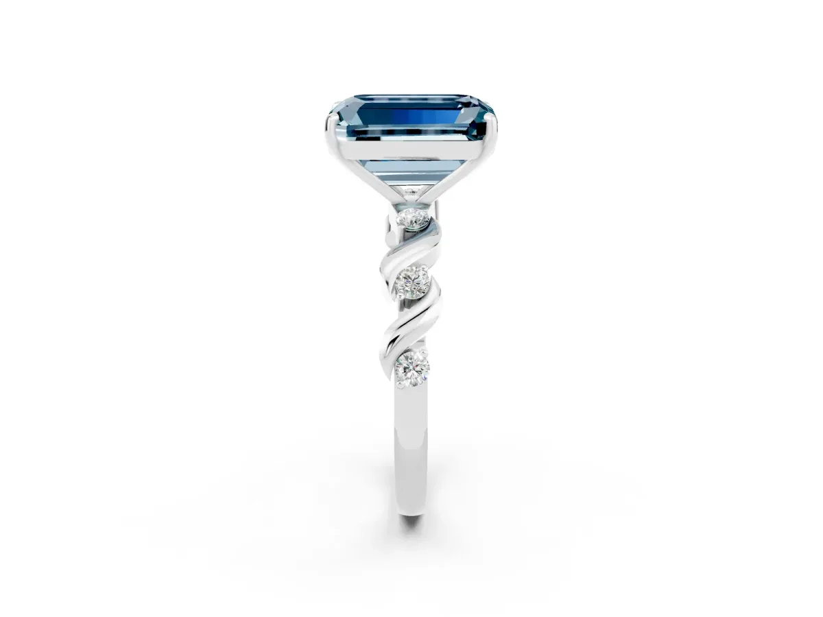 Emerald Cut Aquamarine Solitaire Twisted Band with Round Accents and Prong Setting White gold