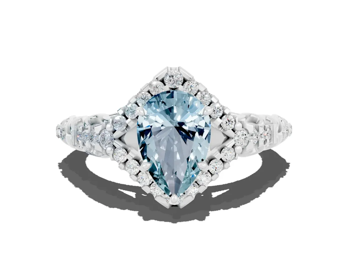 Pear Cut Aquamarine Solitaire Ring with Hidden Halo and Pavé Band White gold
