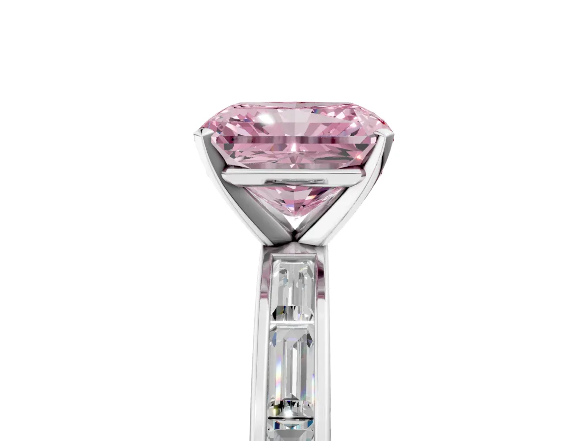 Fancy Pink Radiant Cut Solitaire Diamond Ring with Channel-Set Baguette Band and Four-Prong Setting White gold