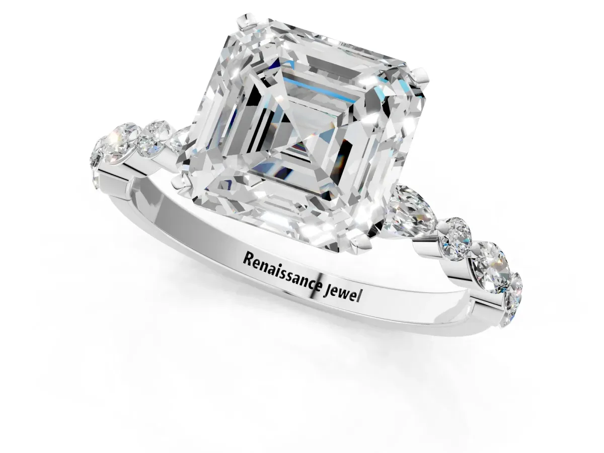 Asscher Cut Diamond Ring with Marquise and Round Side Stones and Four-Prong Setting Platinum