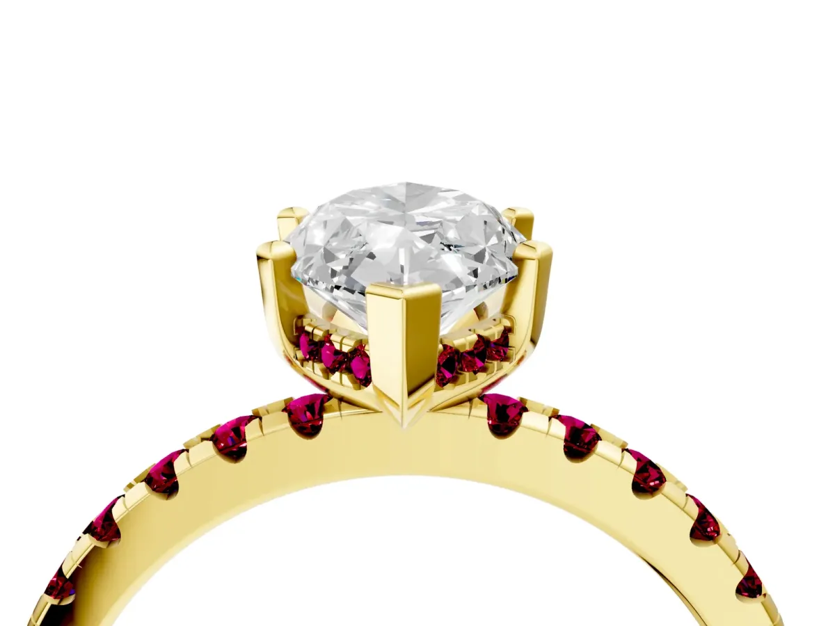 Marquise Cut Diamond Solitaire Ring with Round Garnet Pavé Band and Four-Prong Setting Yellow gold