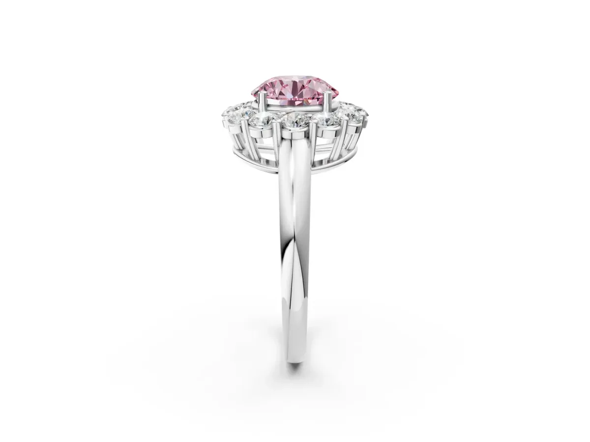 Fancy Pink Round Cut Halo Cluster Diamond Engagement Ring with Prong Setting and Polished Band White gold