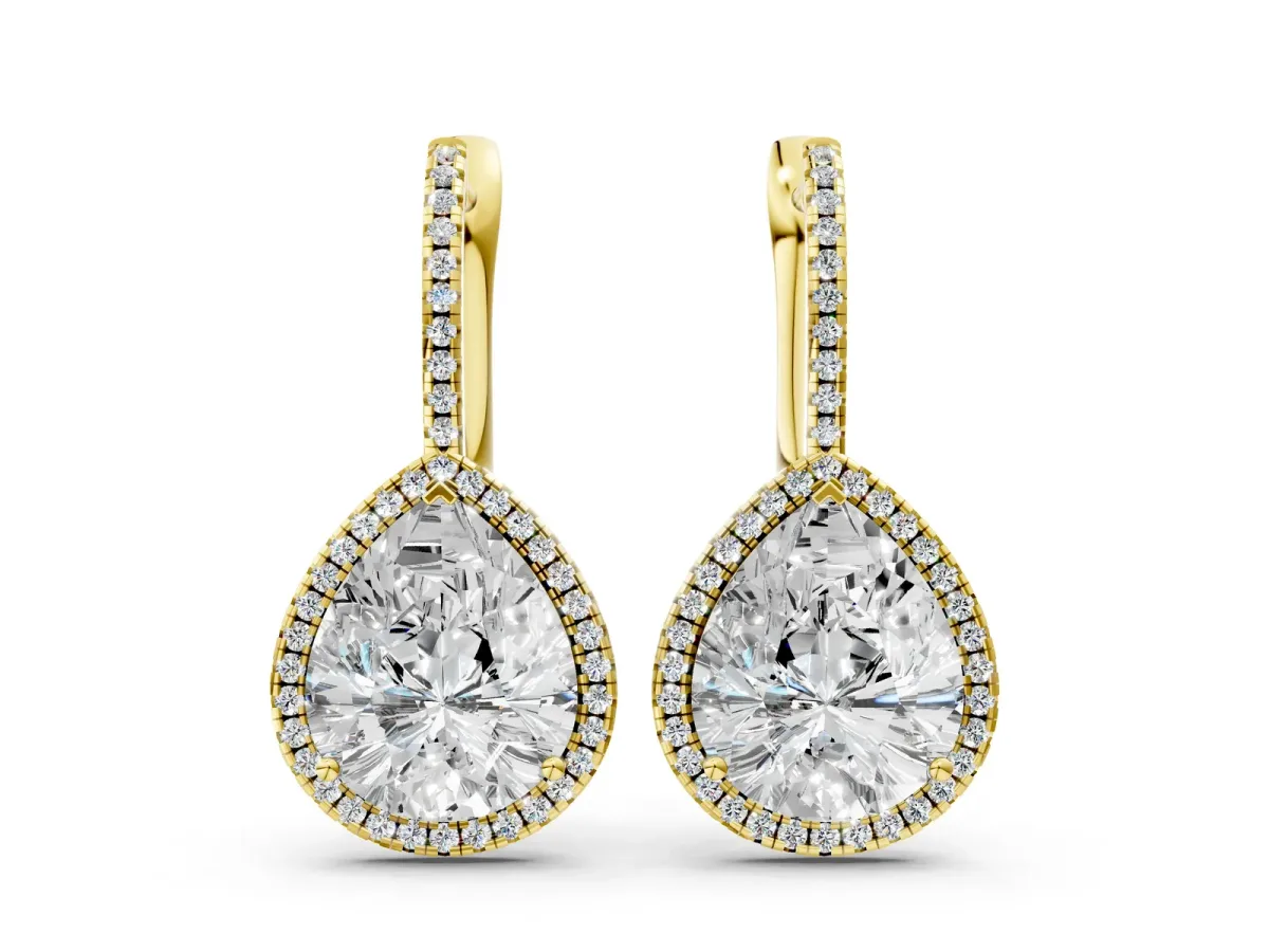 Pear Diamond Halo Leverback Drop Earrings with Round Diamond Accents Yellow gold