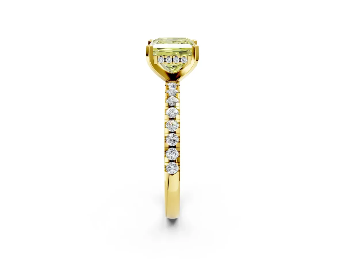 Fancy Yellow Princess Cut Diamond Solitaire Ring with Round Pavé Band and Four-Prong Setting Yellow gold