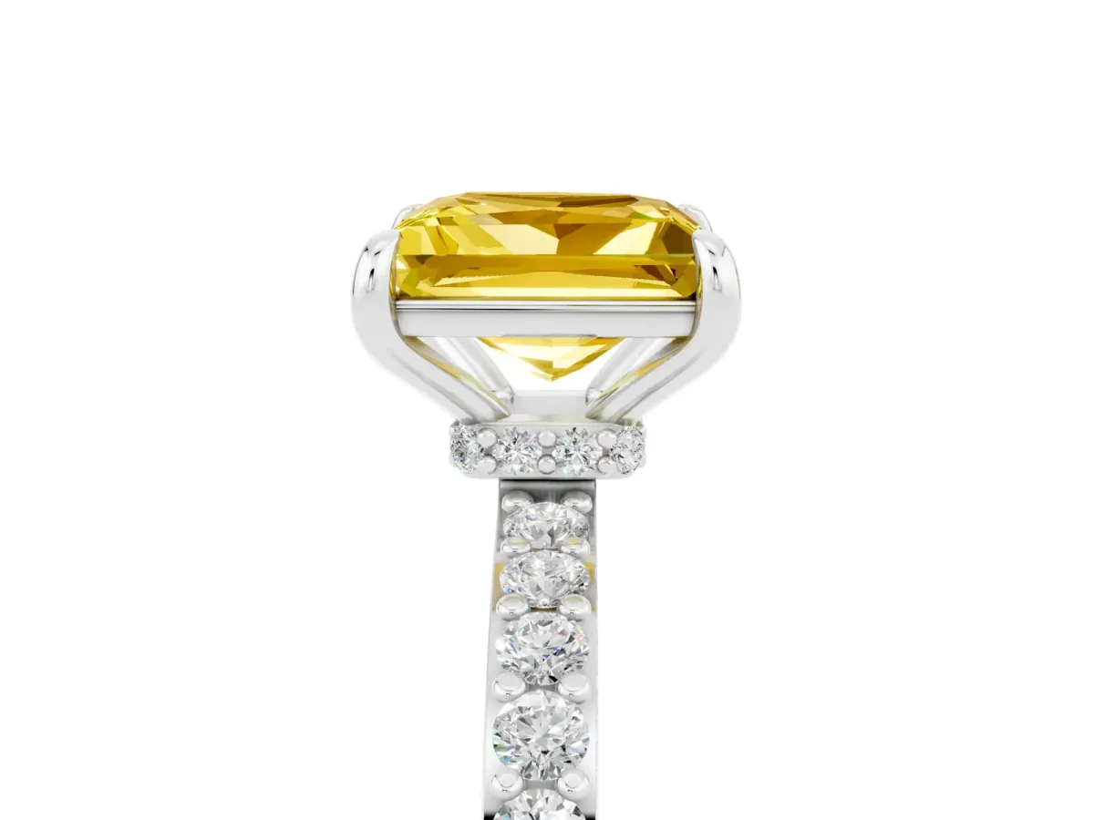 Princess Cut Yellow Sapphire Solitaire Engagement Ring with Pavé Band and Four-Prong Setting White gold