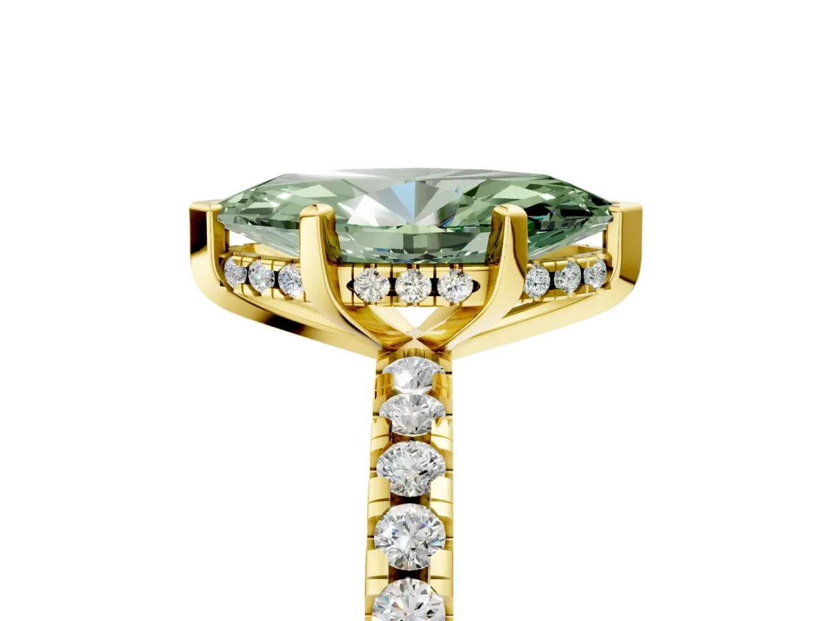 Fancy Green Marquise Cut Diamond Solitaire Ring with Round Pavé Band and Four-Prong Setting Yellow gold