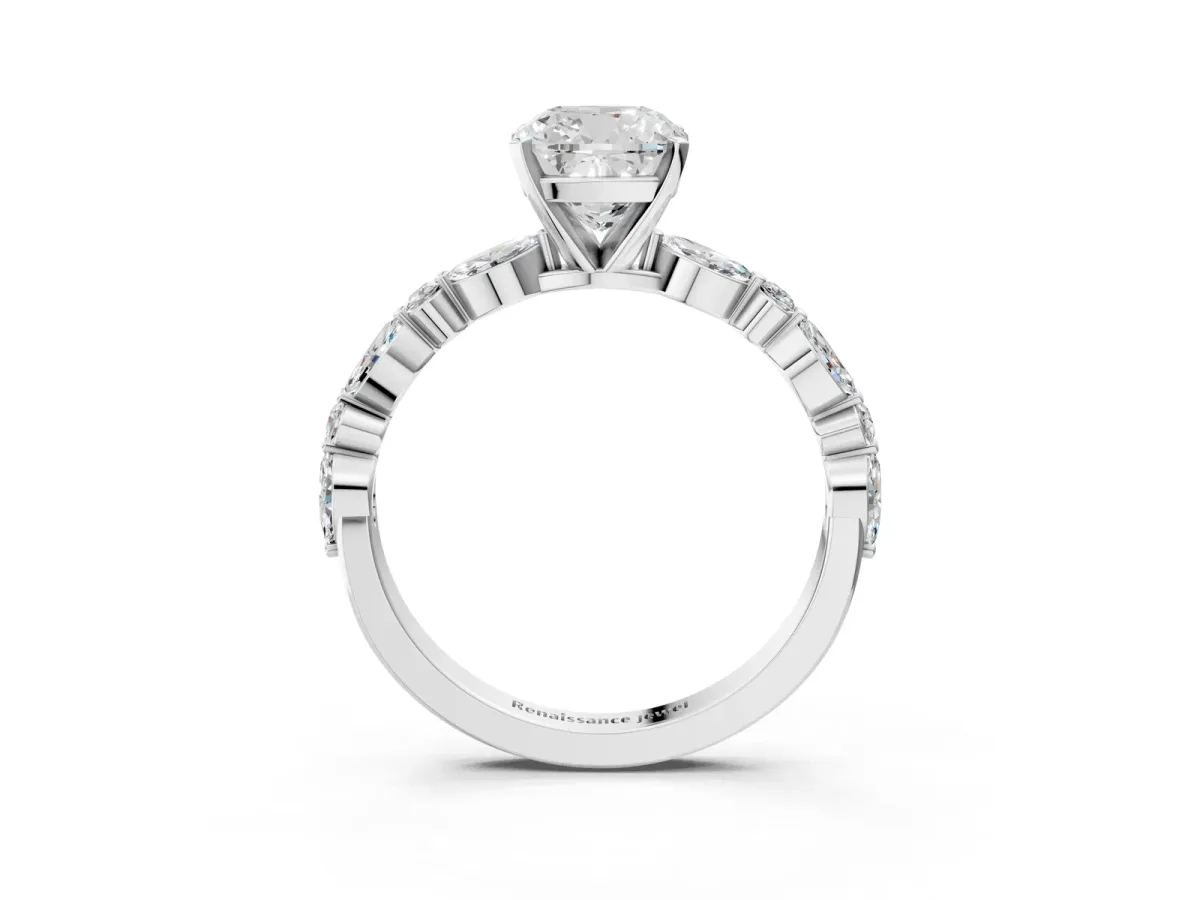 Cushion Cut Diamond Ring with Marquise and Round Moissanite Side Stones and Four-Prong Setting White gold