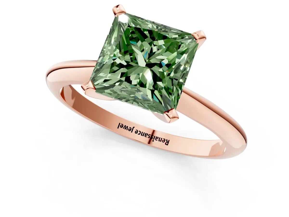 Fancy Green Princess Cut Diamond Solitaire Engagement Ring with Classic Band and Four-Prong Setting Rose gold