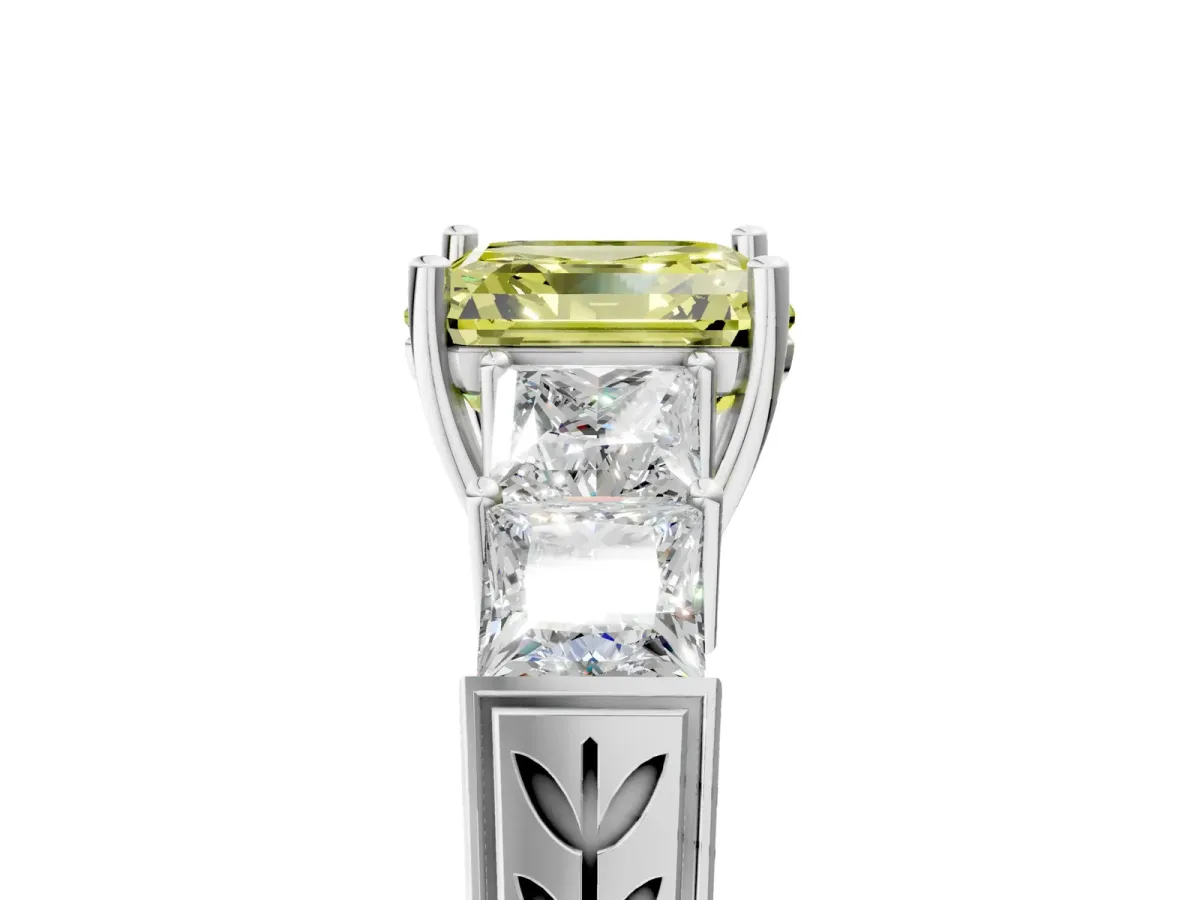 Fancy Yellow Asscher Cut Solitaire Princess Side Stone Engraved Band Prong Setting Ring Silver
