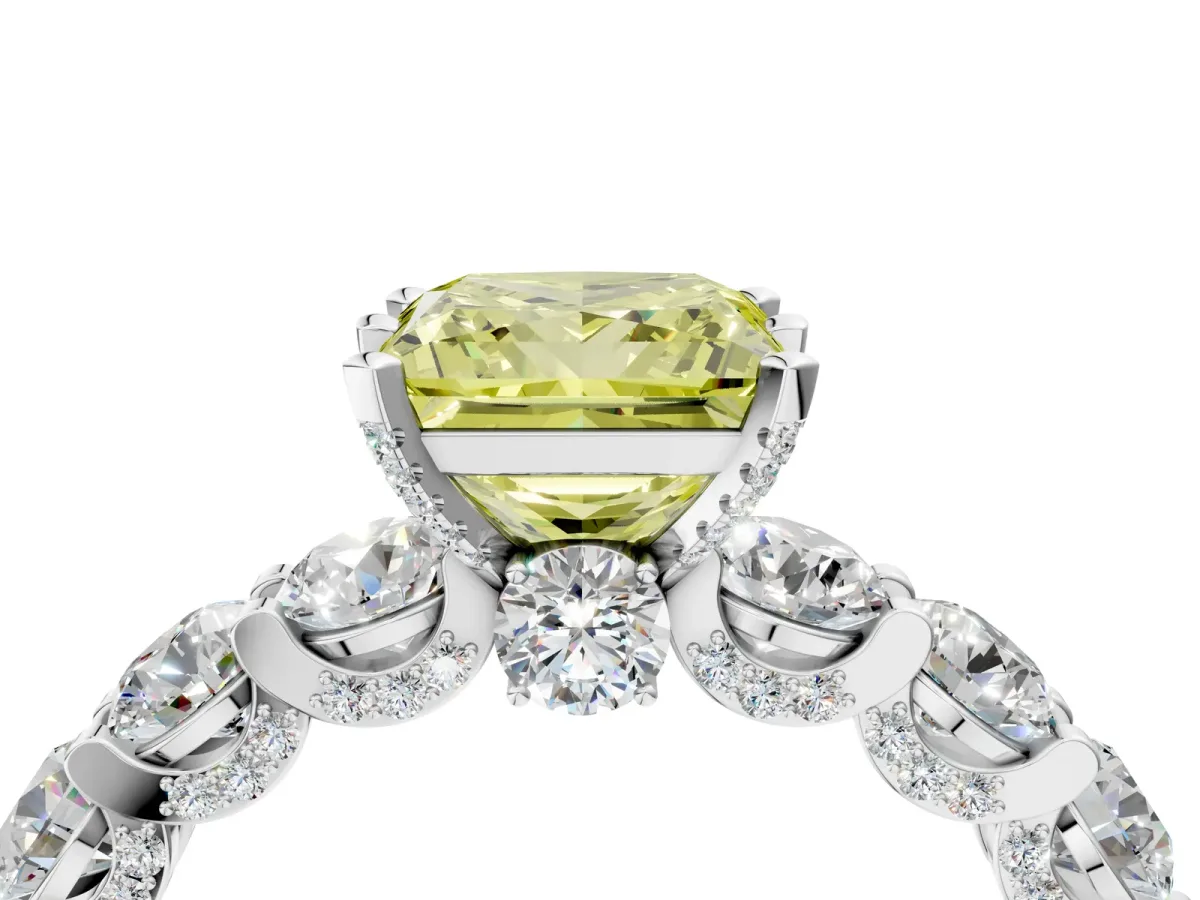 Fancy Yellow Princess Cut Diamond Side Stone Engagement Ring with Four-Prong Setting Silver