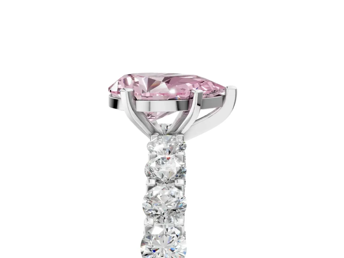 Fancy Pink Pear Cut Diamond Solitaire Ring with Shared Prong Pavé Band and Four-Prong Setting Silver