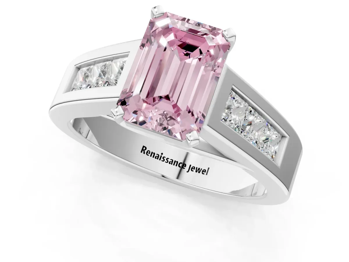 Fancy Pink Emerald Cut Cut Channel Set Solitaire Ring with Four-Prong Setting White gold