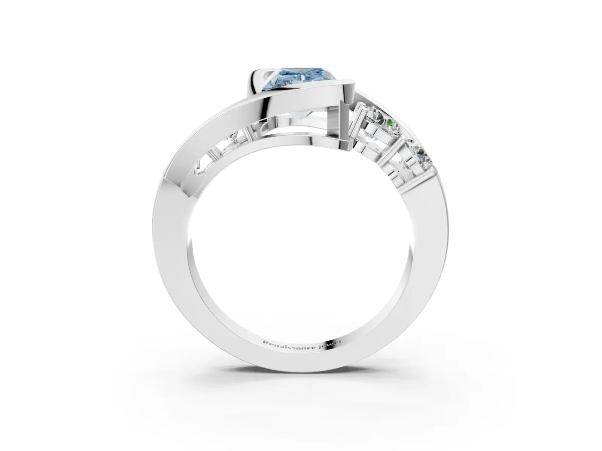 Fancy Blue Bezel Set Radiant Cut Diamond Bypass Ring with Round Accents Platinum