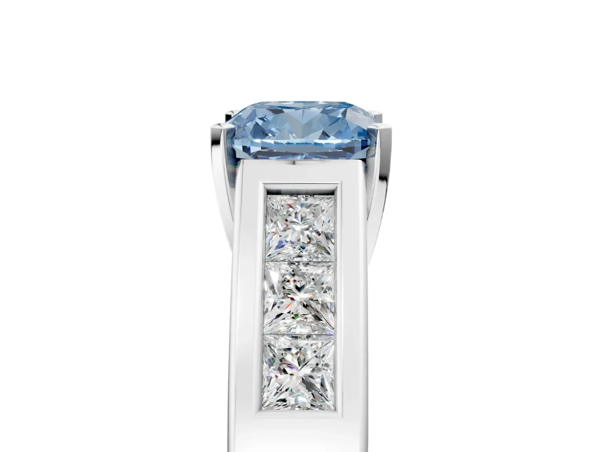 Fancy Blue Cushion Cut Cut Channel Set Solitaire Ring with Four-Prong Setting Silver